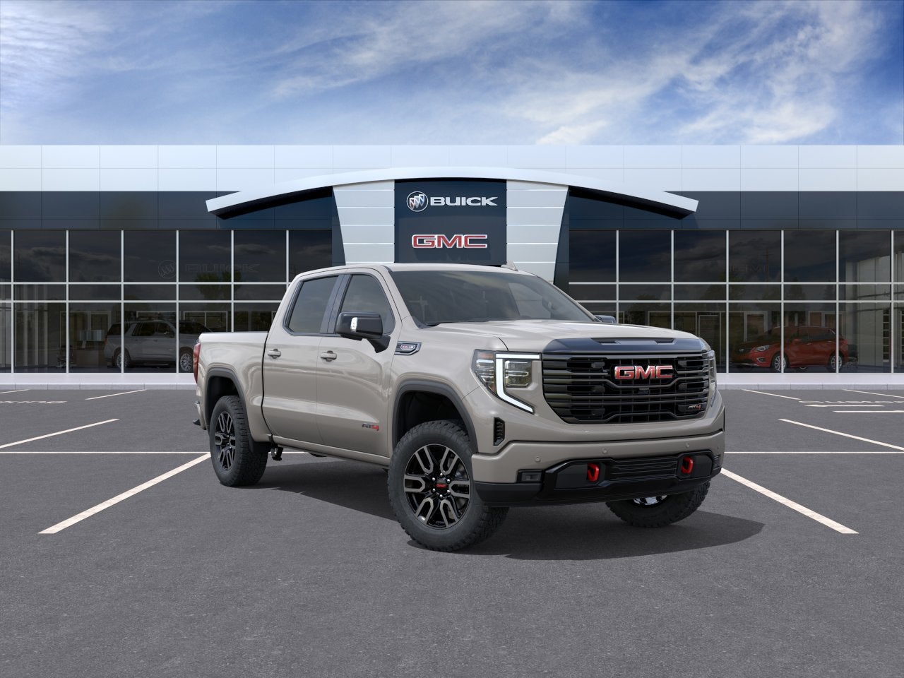 2026 GMC Sierra 1500 AT4 in Coastal Dune — front three-quarter view
